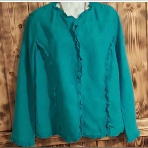 🌀 Chico's Beautiful Light, Linen Aqua Jacket Size 2, L, 12-14